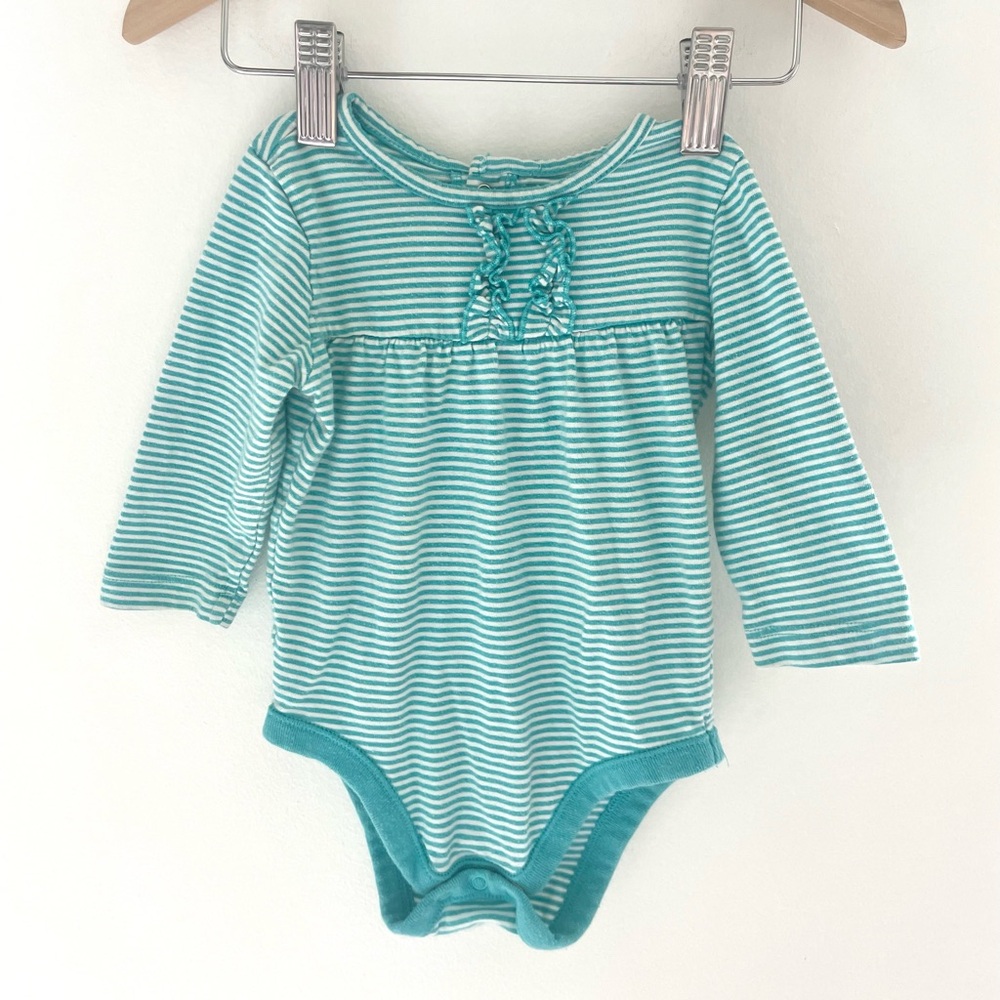 10/$30💥Ruffle-Front Bodysuit Onesie, Long Sleeve, Teal & White Stripes